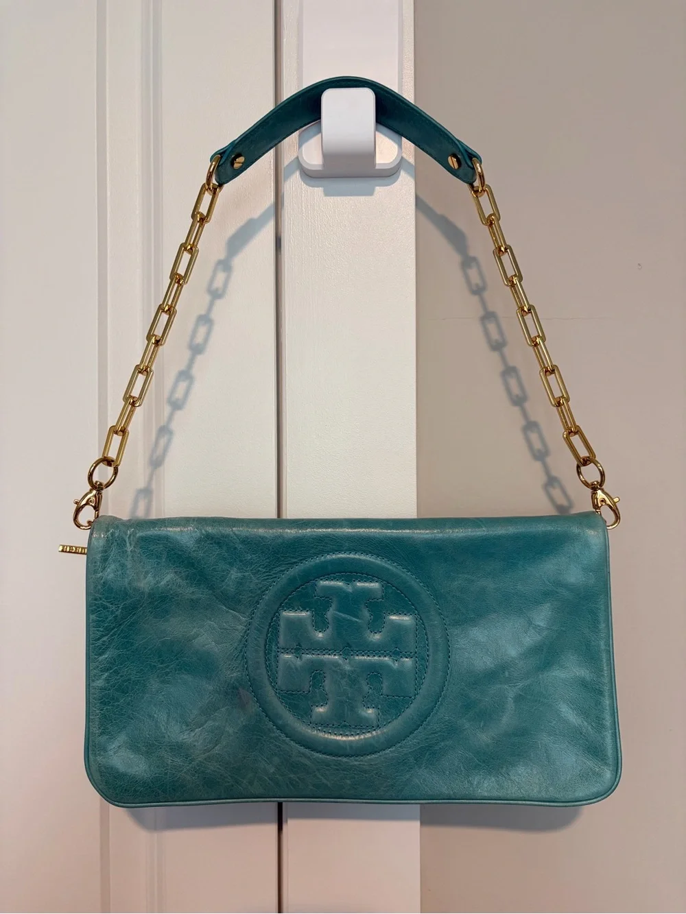 Tory Burch Teal Leather Shoulder Bag with Gold Chain Strap
